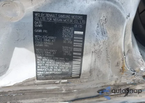 2015 Nissan Rogue Sv z USA, uszkodzony, nr VIN KNMAT2MV8FP531007